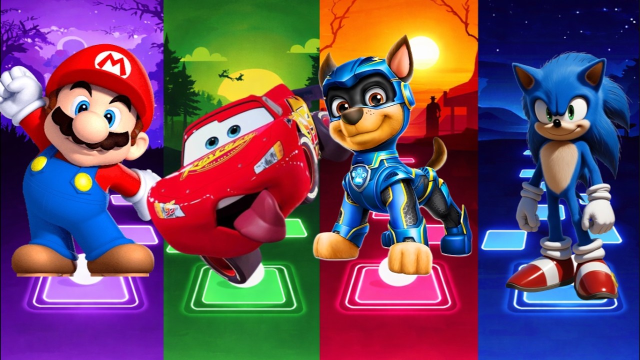 Mario 🆚 McQueen 🆚 Paw Patrol 🆚 Sonic  in Tiles Hop EDM Rush🎶 #tileshop #coffindance