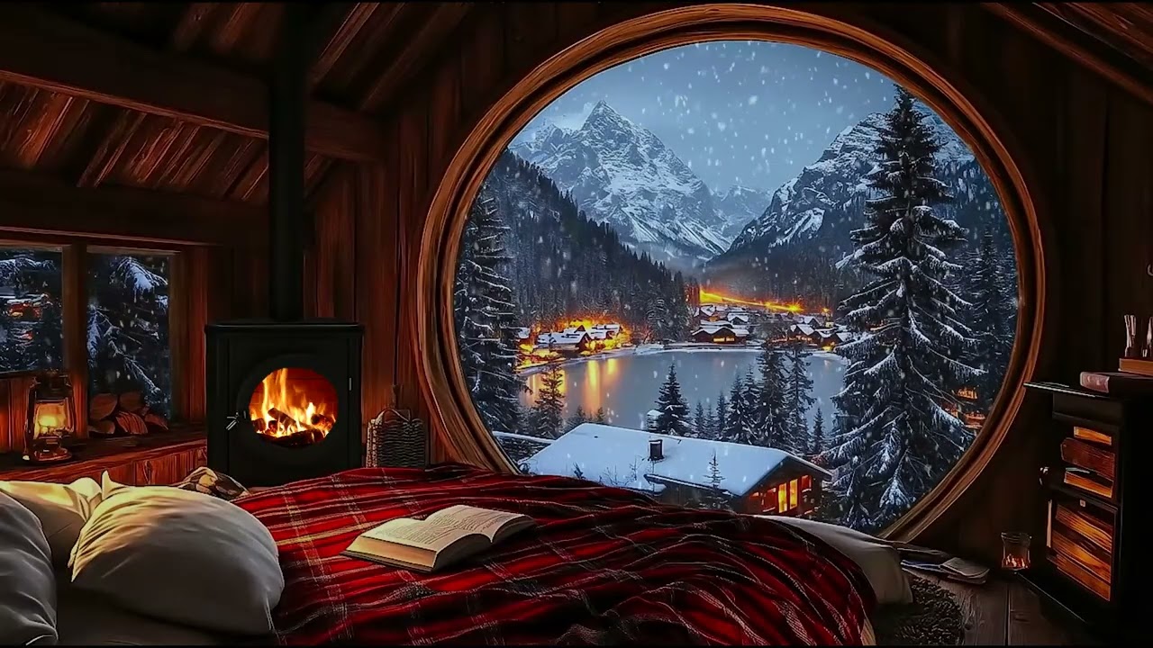 Peaceful Snowstorm Night ❄️🔥 Rustic Mountain Cabin with Fireplace Sounds for Deep Rest
