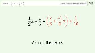Solve 2/3x+1/5=x/6+1/10: Linear Equation Video Solution | Tiger Algebra