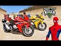 Motos com homem aranha e heris saltos na mega rampa com super motos  gta v mods  ir games