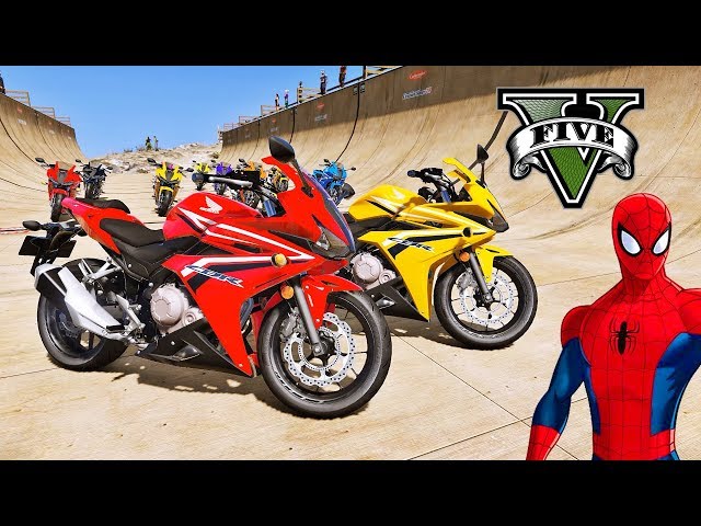 MOTOS com Homem Aranha e Heróis! Saltos na Mega Rampa com SUPER MOTOS - GTA V Mods - IR GAMES class=