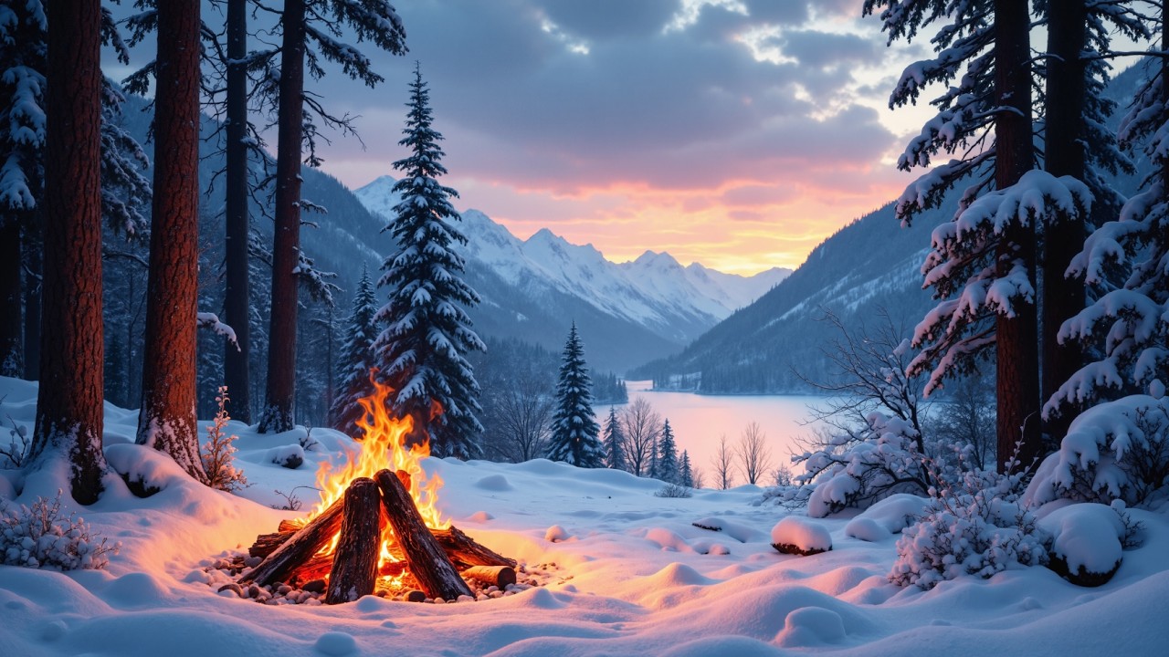 Snowy Mountain Campfire Ambience at Sunset 🔥 (4K. No Ads)