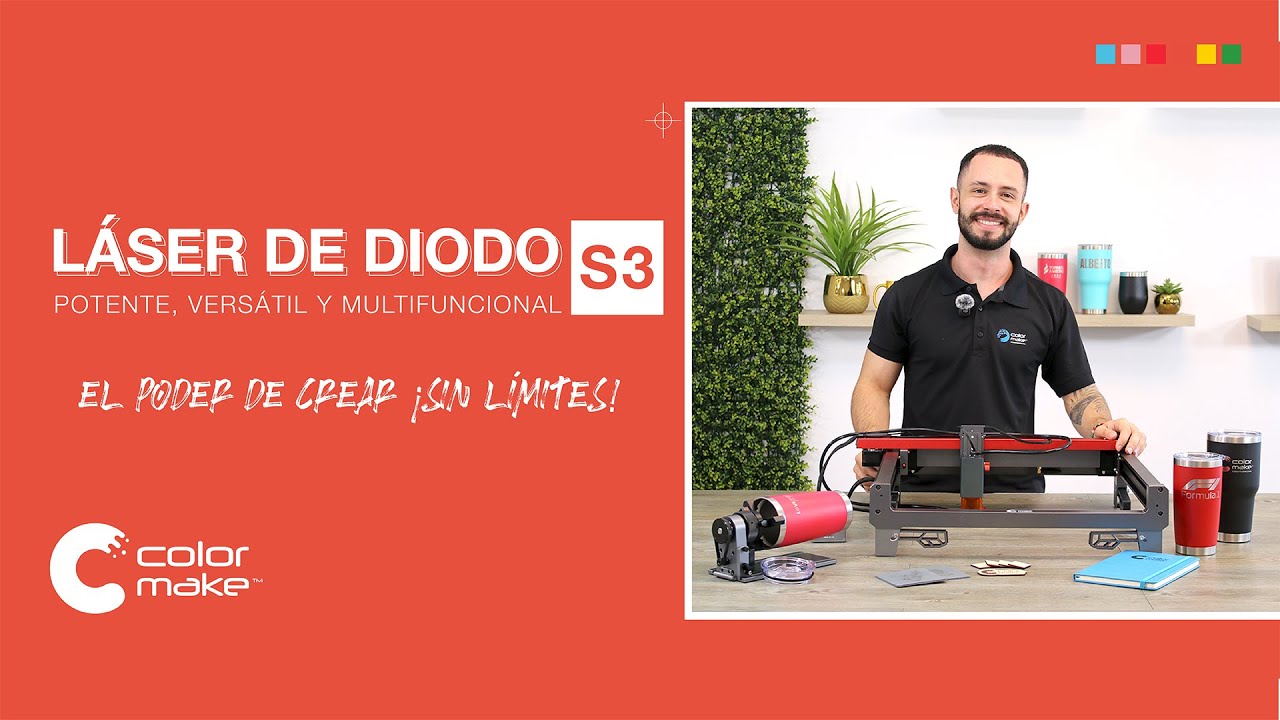 Láser de Diodo S3 de Color Make® | Graba plano y cilindros | Sistema rotativo | Grabado láser