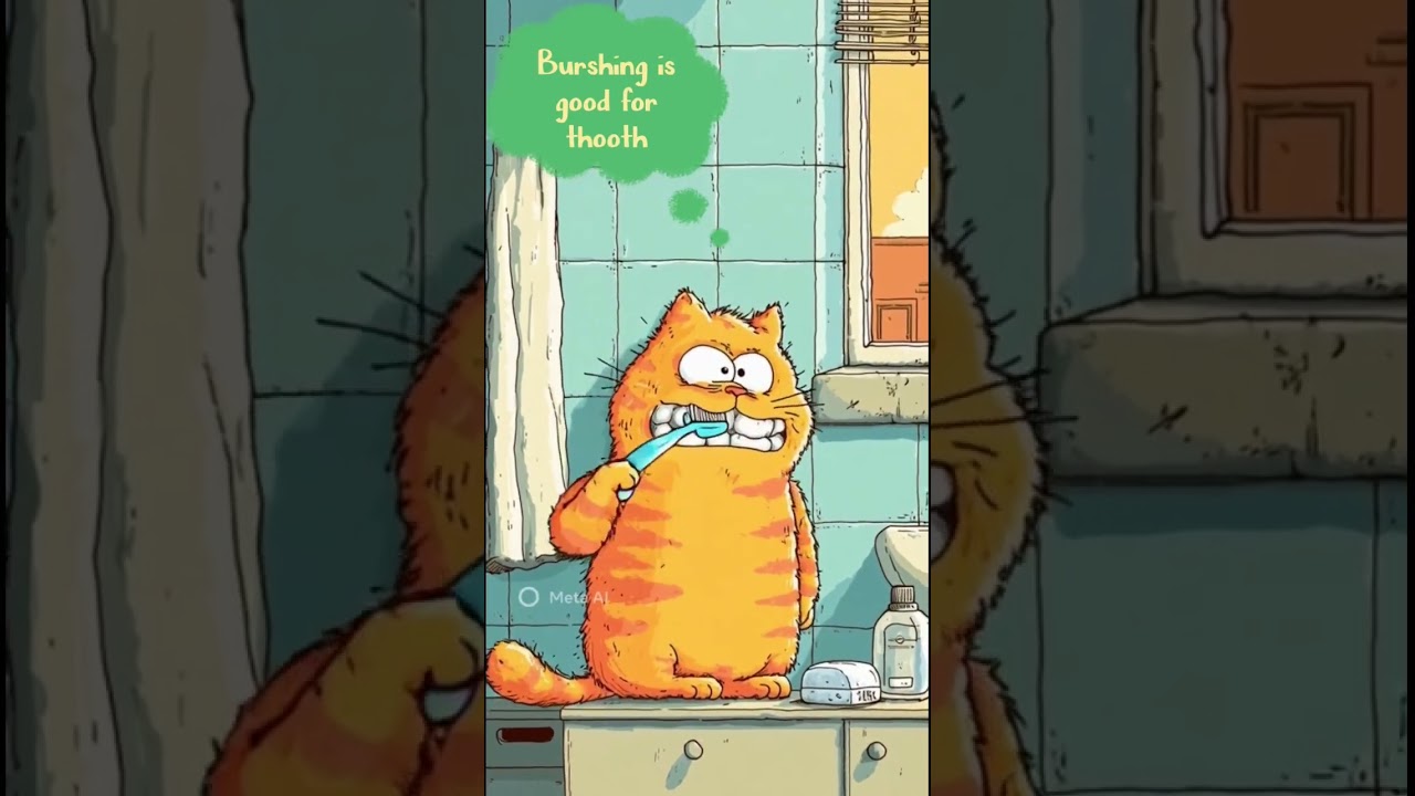 Cat is brushing his teeth.brushing is good for thooth.