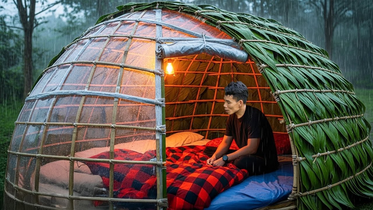 I Built a Cozy Shelter with Plastic Wrap in the Forest - Building a ...
