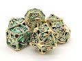 Old School 7 Piece DnD RPG Metal Dice Set: Hollow All Seeing Eye Dice - Gold w/ Green