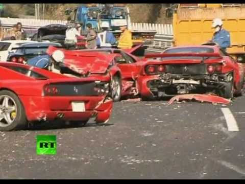 Ferrari and Lamborghini Car Wreck Aftermath Graveyard of 14 super car pile-up in Japan