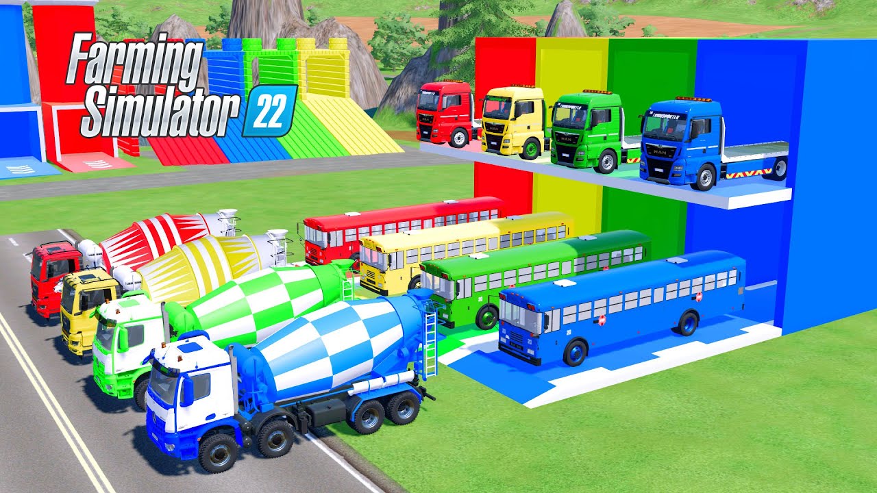 Transporting Bus School and Mixer Truck Elcon With Truck Man Full Colour FS22