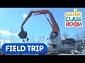 Giant magnet grapple crushes car  caities classroom field trip  construction vehicles for kids