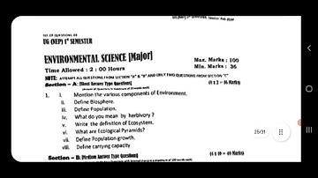 Environmental Science (Major) | UG 1st Semester Kashmir University | Question Paper 📃