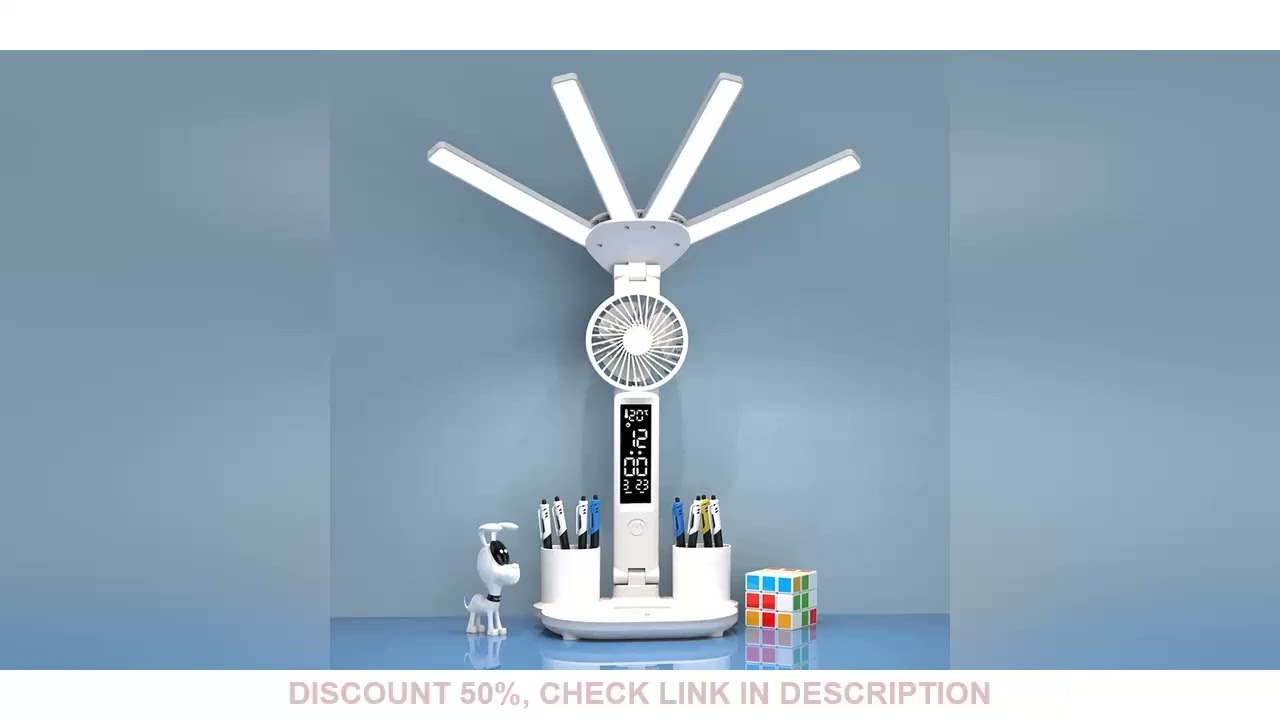 Multifunction 3 Color LED Table Lamp Four Headed Folding With Fan Clock Desk Lamp USB Charging Readi