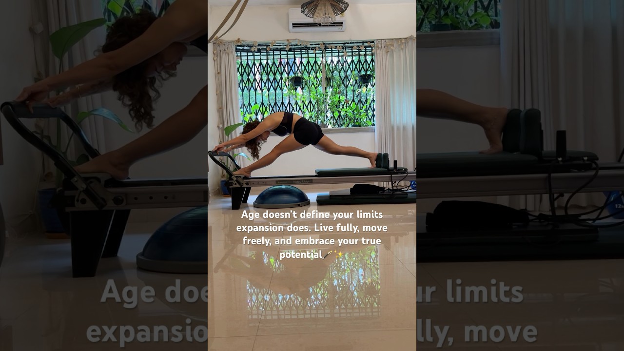 Pilates slows aging ✨ Balance, strength & posture keep you ageless. Front split on Reformer 🧘‍♀️💪