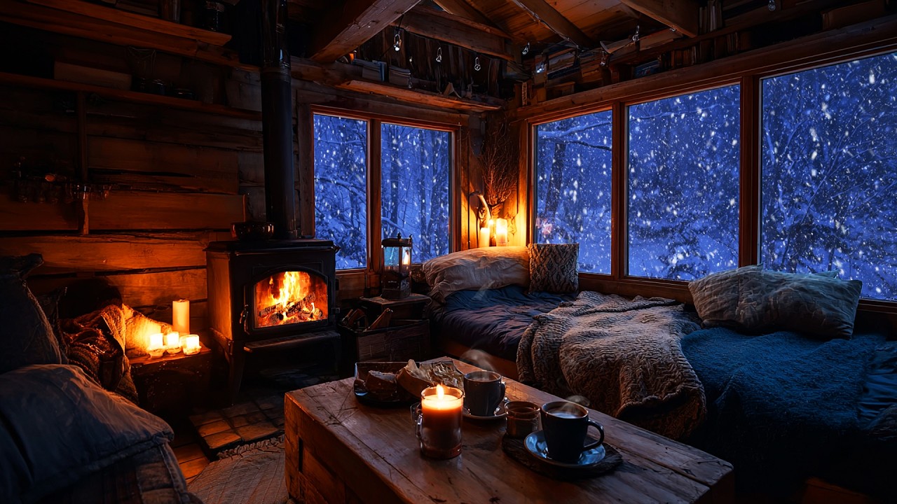 Warm Wooden Cabin During Snowstorm 🔥 | Deep Sleep Fireplace Sounds (NO ADS)