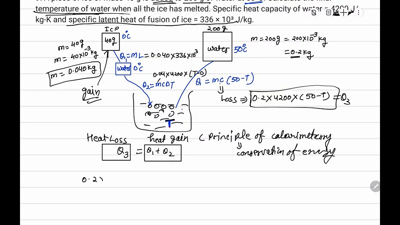 9. A piece of ice of mass 40 g is added to 200 g of water at 50°C. Calculate the final temperature..