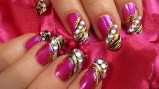 pink gold rhinestones zebra valentines nail