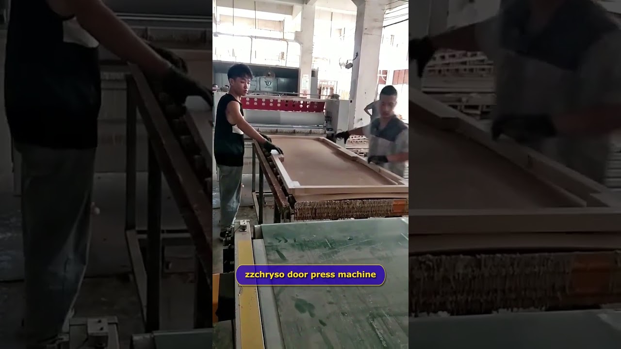 Woodworking door press machine - how the worker prepare before the door into the cold press machine