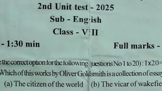 Sankardev shishu niketan class8 english question paper 2nd unit test examination 2025 questionpaper