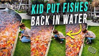Kid Was Trying to Feed the Fish but They Jumped Out and He Had to Put Them Back in Water
