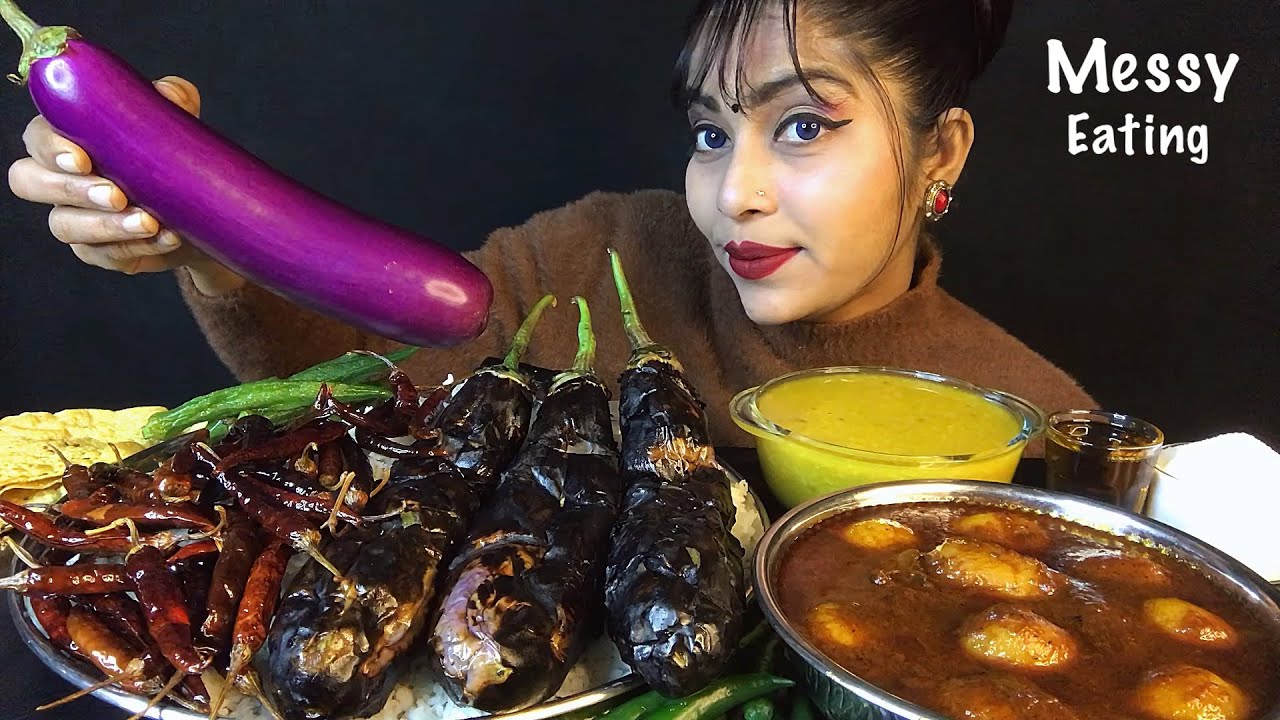 EATING DAL BHAT BAIGAN CHILLI BHARTA SPICY ALOO DUM PAPAD | MESSY EATING | EATING SHOW | INDIAN ASMR