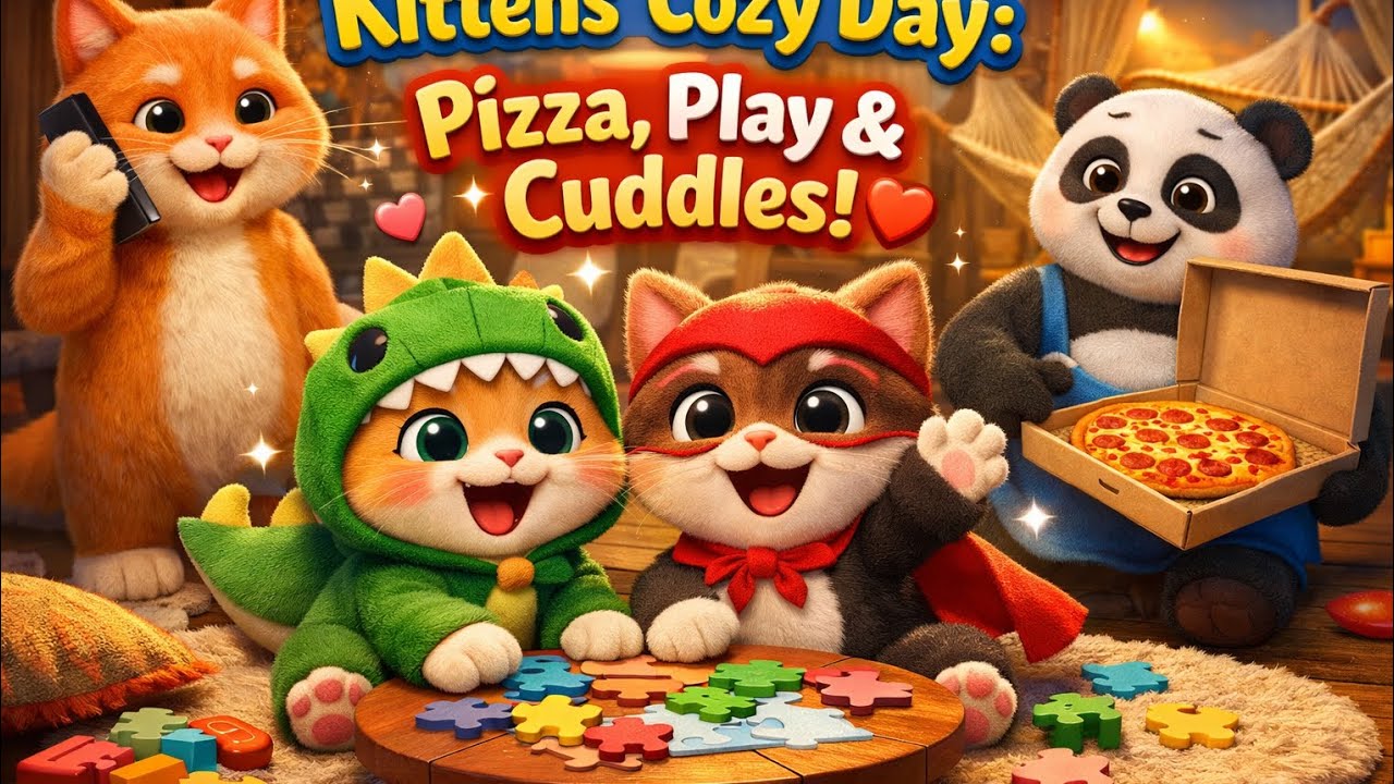 “A Warm Evening with Playful Kittens and Pizza”