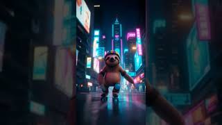 Cute sloth roller-skating through neon cityscape #shorts #tranding #viral