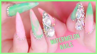 Matte Watermelon Marble Acrylic Nails