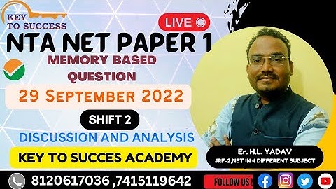 NET  29 September 2022 | Paper 1 shift 2 | Maths and other Question Discussion | Er H L yadav |
