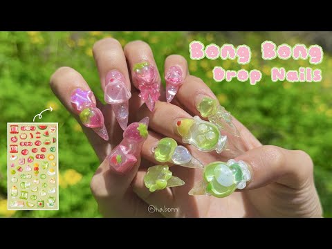 How to do nails with Daiso 3D stickers!🍓🍋‍🟩✨ Cute and easy Bong-Bong drop sticker nails