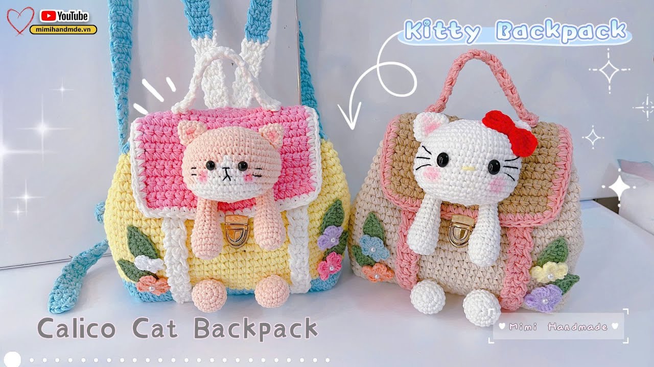 Crochet Kitty Bag AI, Calico Cat Backpack AI 🎒 Móc Balo Mèo Kitty, Balo Mèo Tam Thể Siêu Dễ Thương