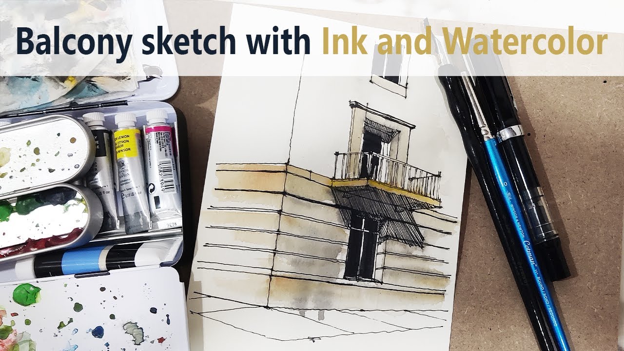 Balcony sketch with ink and watercolor #42