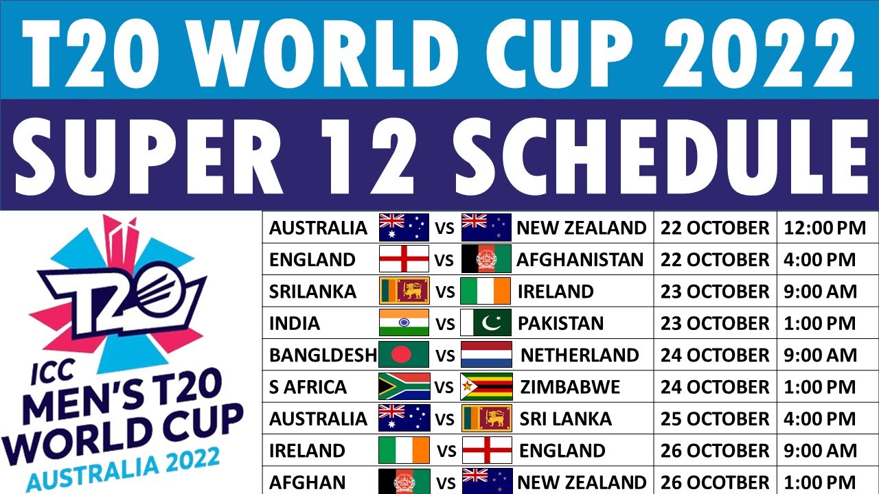T20 World Cup 2022 Super 12 Schedule Super 12s round full schedule, fixtures, venues, and timings.