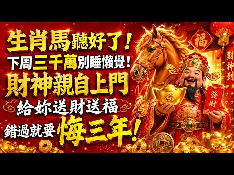 生肖馬聽好了!下周三千萬別睡懶覺!財神親自上門給妳送財送福 ,錯過就要悔三年!#生肖馬 #屬馬運勢#十二生肖#生肖運勢#開門接財#財神到 #民俗智慧#生肖命理#早起轉運#正財偏財#運勢解析#生肖馬必看