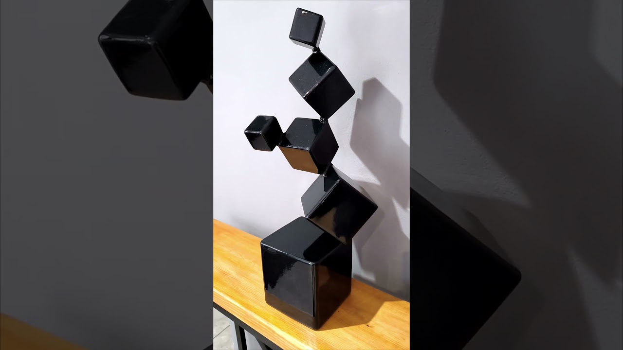 🖤 Geometric Metal Sculpture  Black Powder-Coated Cubes 