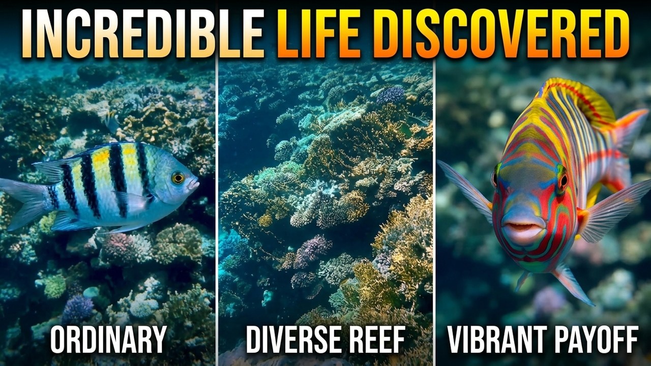 A brightly coloured tropical fish swims up close on incredible coral reef habitat