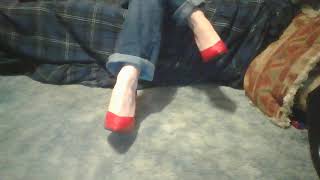 Dangling In Red & White Heels & Bare Feet