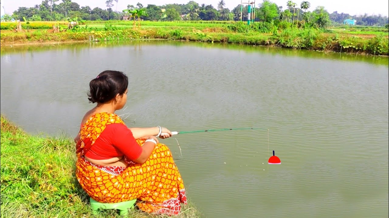 Fishing video ✅ The wonderful village girl is fishing with a hook in the village pond | Hook fishing