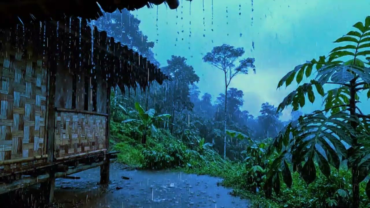 Heavy Rain & Thunder in a Tropical Village | Deep Sleep, Relaxing Rain Sounds, No Talking