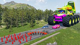Big & Small McQueen & Police Car vs Zombie Mack, Giant Speed Bumps Downhill Race – BeamNG.drive screenshot 1