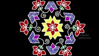 Flower rangoli design with15*8dots and colors | Rangoli designs | muggulu |