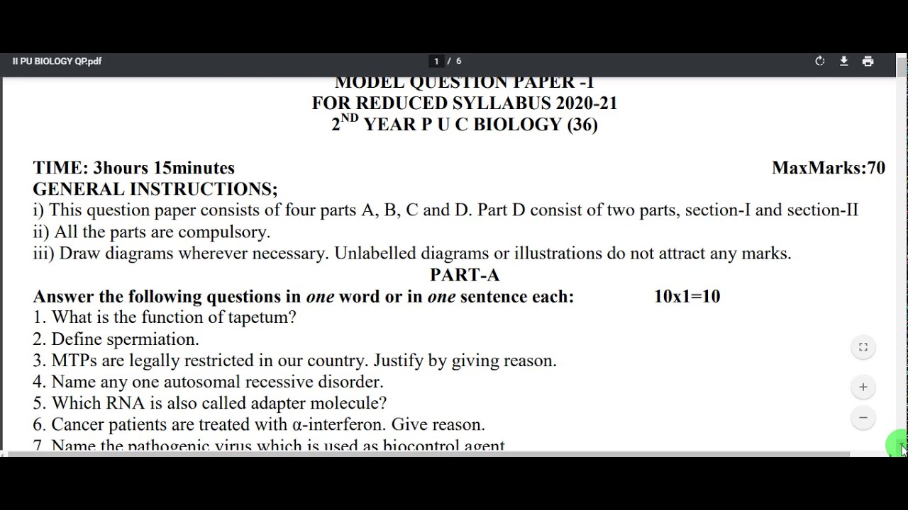 2nd PUC Biology reduced syllabus model question paper 2020-2021