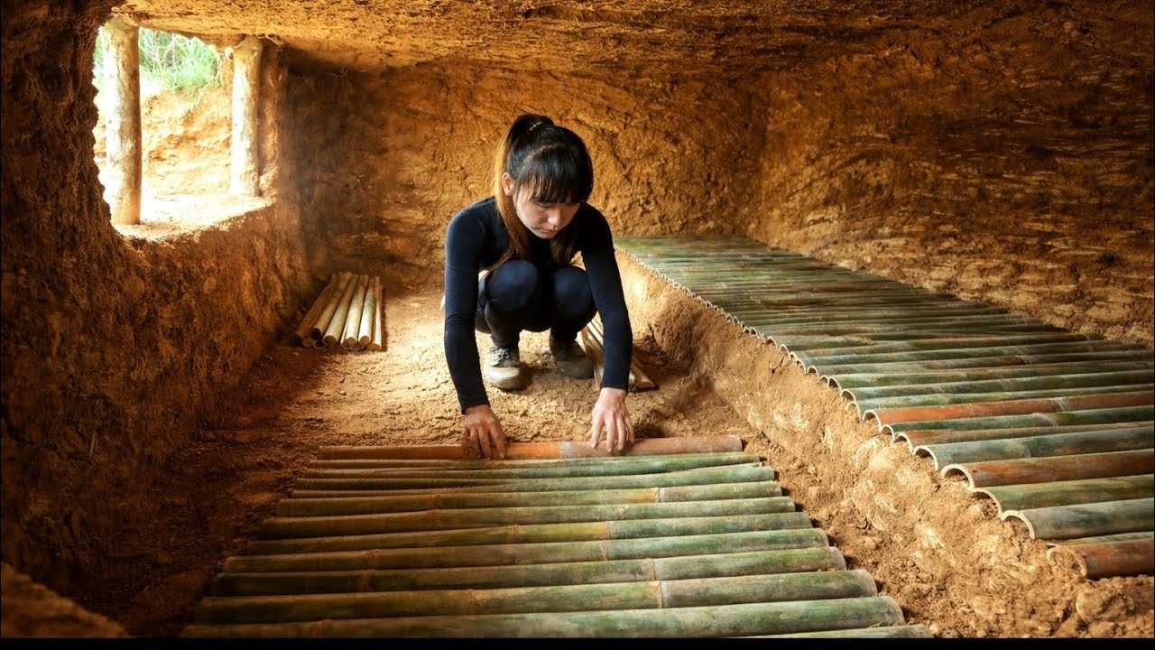 Solo survival - build an underground shelter with a smokeless fireplace.