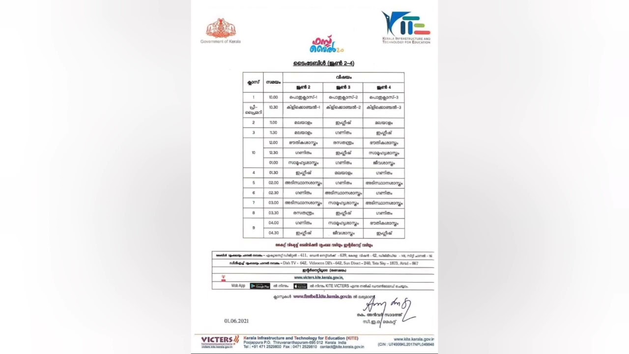 Kerala Syllabus Timetable June 4 (Classes 1 to 10).