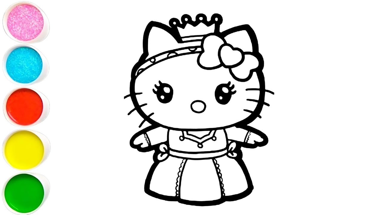 Милый рисунок принцессы Hello Kitty, раскраска для детей и малышей. Искусство для начинающих.