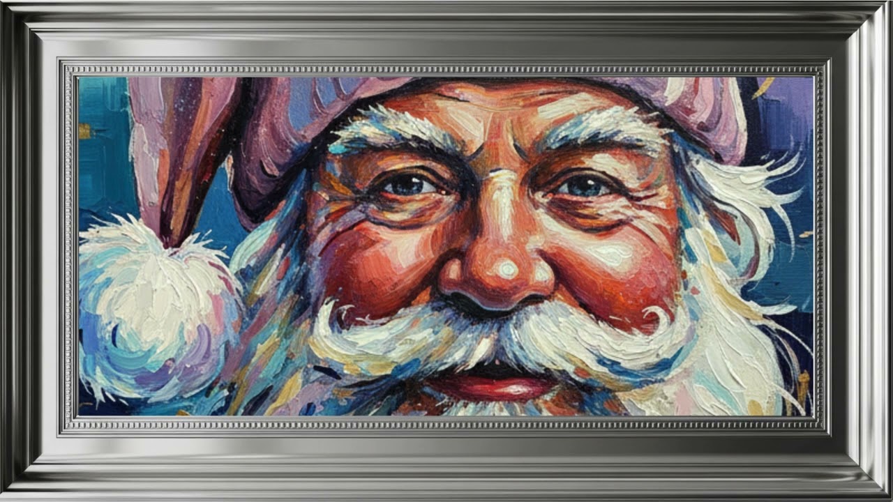Santa Face with Pink Hat – Modern Oil Painting, Silver Frame, 30 Minutes  4K Screensaver