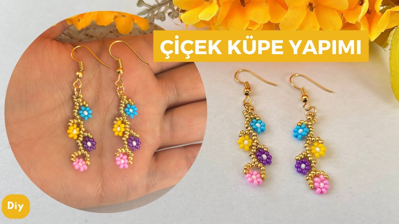 Kum Boncuklu Papatya Çiçeği Küpe Yapımı / Making Daisy Flower Earrings with Sand Beads
