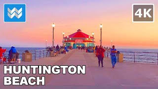 [4K] Sunset at Huntington Beach Pier in California USA  Walking Tour & Travel Guide  Binaural