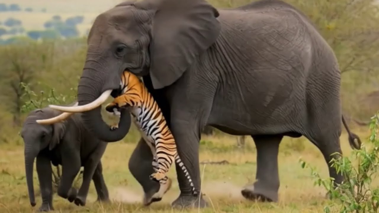 Слон спасает слонёнка от нападения тигра 