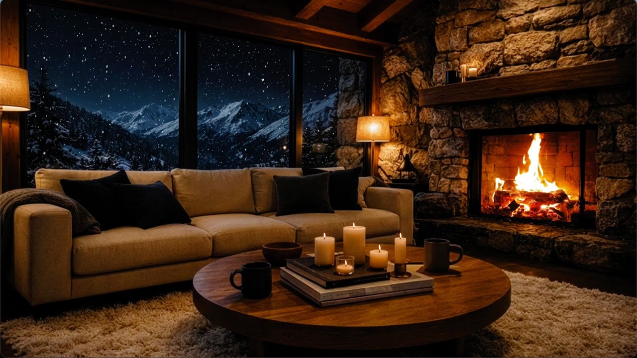 Cozy Winter Study Room Vibes | Snowy Cabin View + Fireplace Sounds + Jazz Piano