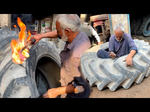 75 year old man Repair BIG Tractor Tire|| Amazing Technique Of Repairing A Tractor Tire ||