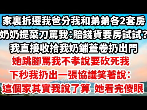 家裏拆遷我爸分我和弟弟各2套房，奶奶提菜刀罵我：賠錢貨要房試試？我直接收拾我奶鋪蓋卷扔出門，她跳腳罵我不孝說要砍死我！下秒我扔出一張協議笑著說：這個家其實我說了算！她看完傻眼